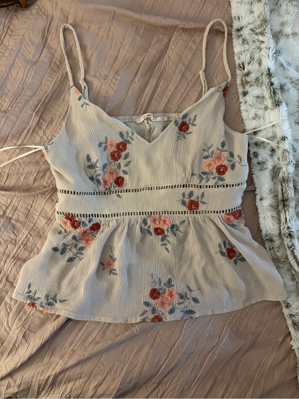 Floral Embroidered Spaghetti Strap Peplum Top - Cream with Coral Flowers